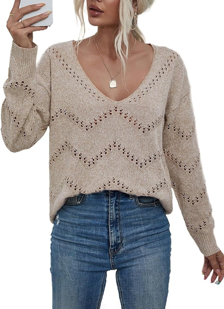 EVALESS Women's Crochet Sweater Top Hollow Out Long Sleeve Pullover Tops Fall Outfits Fashion 202... | Amazon (US)