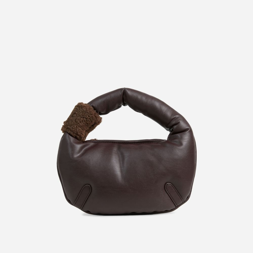 Elyn Faux Shearling Detail Shaped Grab Bag In Dark Brown Faux Leather | EGO (UK)
