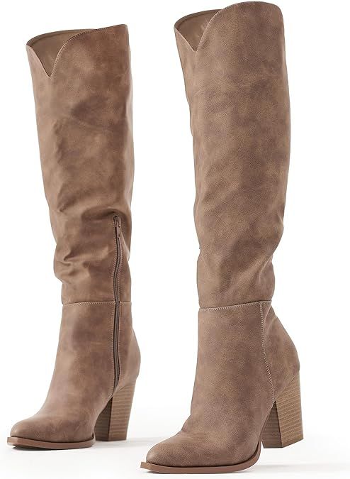 Putu Women's Pointed Toe Knee High Boots Faux Suede Slouch Boots with Chunky Heel | Amazon (US)