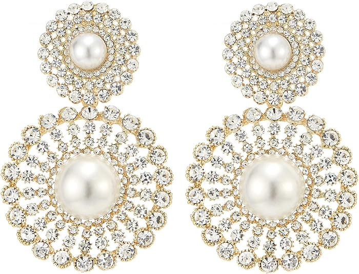 Wedding Rhinestone Synthetic Pearl Cluster Large Circle Flowers Long Drop Statement Earrings Eleg... | Amazon (US)