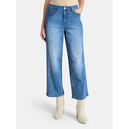 Time and Tru Women's High Rise Wide Leg Cropped Jeans with Side Seam Details, 27" Inseam, Sizes 0-20 | Walmart (US)