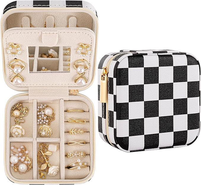 Checkered Travel Jewelry Case, Classic Retro Small Jewelry Box for Women Girl, Trendy Birthday Gr... | Amazon (US)