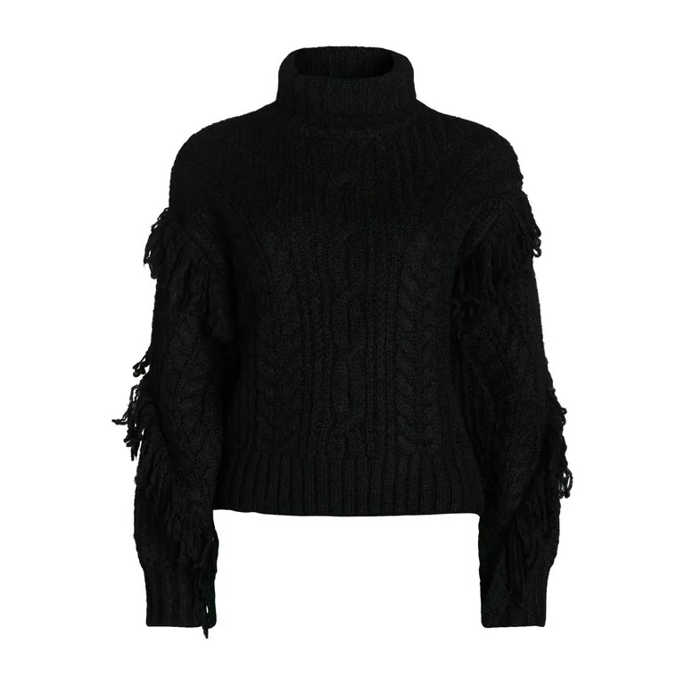 Scoop Women’s Cable Knit Turtleneck Sweater with Fringe, Midweight, Sizes XS-XXL | Walmart (US)