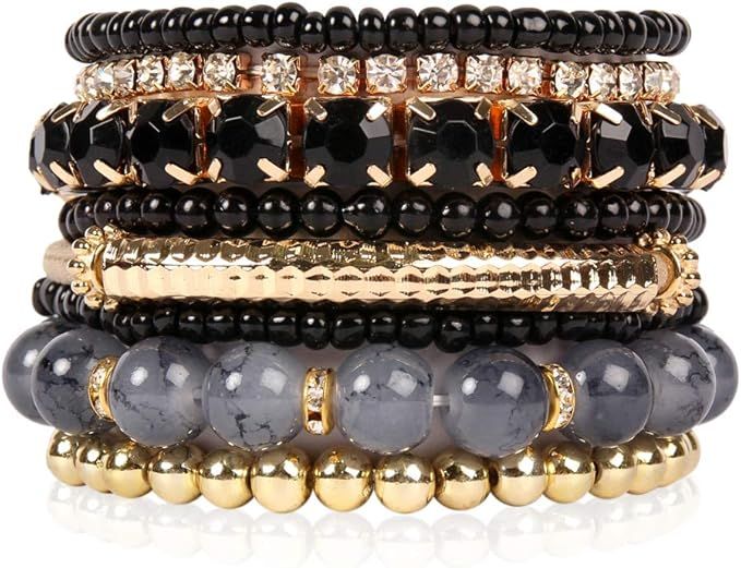 Multi Color Stretch Beaded Stackable Bracelets - Layering Bead Strand Statement Bangles | Amazon (US)