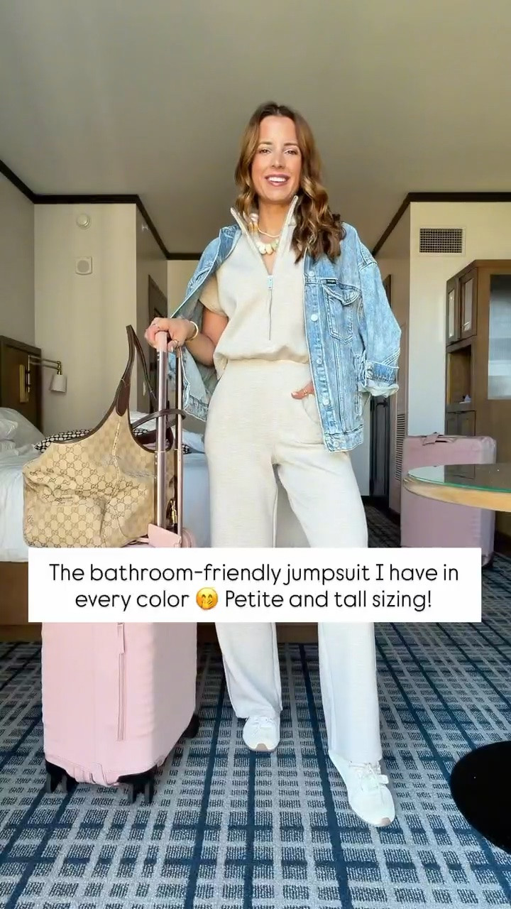 New bathroom friendly jumpsuits. Code LISAMARIEXSPANX on first time orders. This is a new style and it fits like a dream. Wearing XS petite. Travel outfit. Airport outfit. Travel necessities. Travel must haves. XS in slouchy denim jacket. Sneakers mules are TTS.

#LTKootd #LTKgrwm #LTKTravel