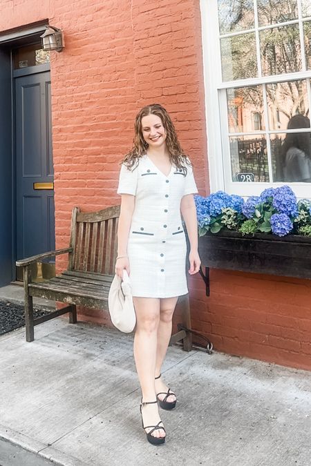 Loft tweed v-neck dress (wearing size 0). Dress runs very TTS but might size up if you need room in hips. 

White dress, spring dress, work dress, classic style, tweed dress

#LTKfindsunder100 #LTKsalealert #LTKworkwear