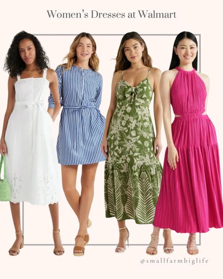 Women’s dresses at Walmart. Wedding guest dress. White dress. Spring dress. Summer dress. White cotton eyelet button front dress. Striped ruffle neck mini dress. Pleated halter maxi dress with cutouts. Tie front maxi dress  

#LTKfindsunder50 #LTKover40 #LTKstyletip