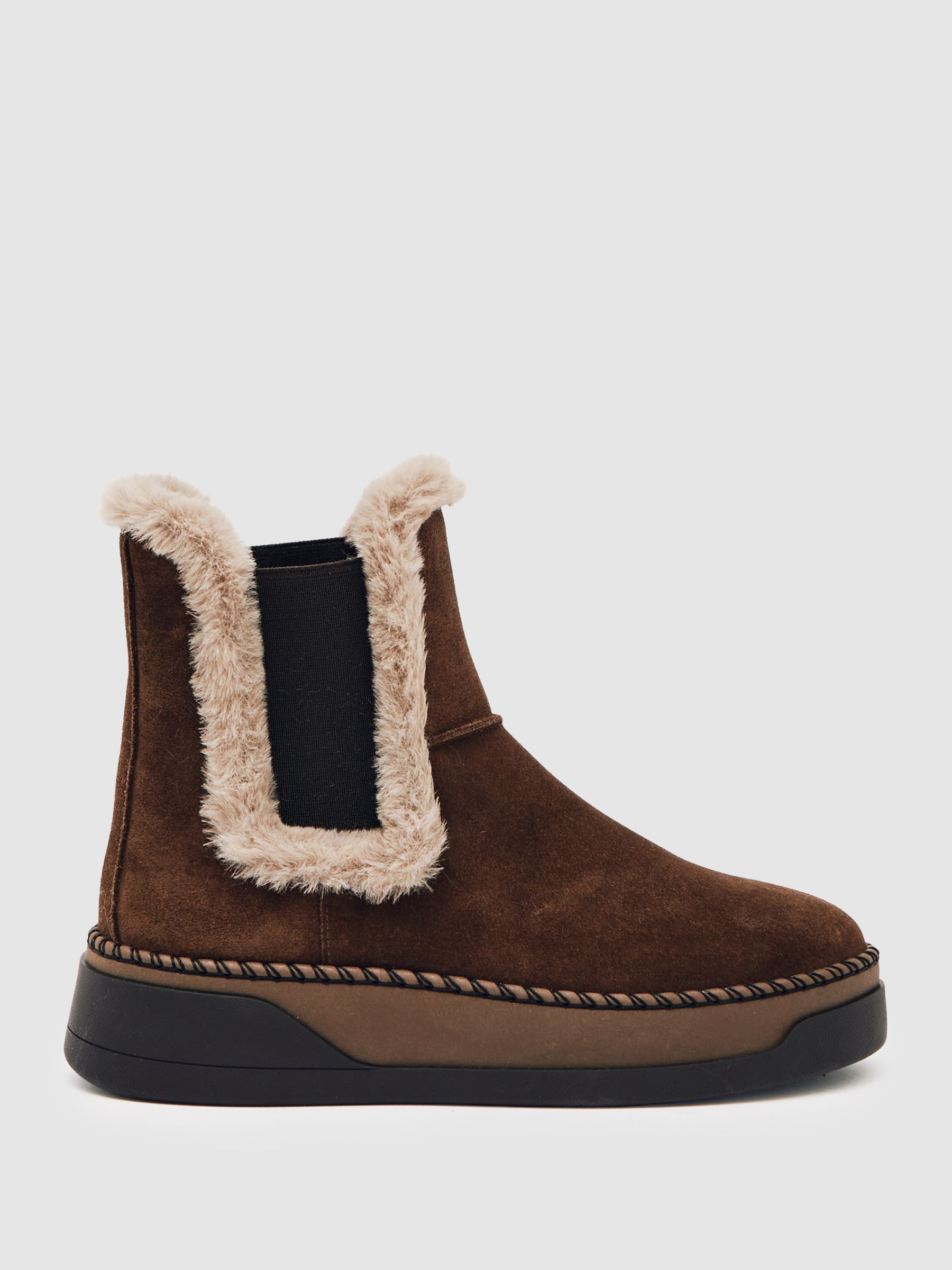 Reiss Suede Faux Fur-Trim Ankle Boots in Chocolate - REISS | Reiss UK