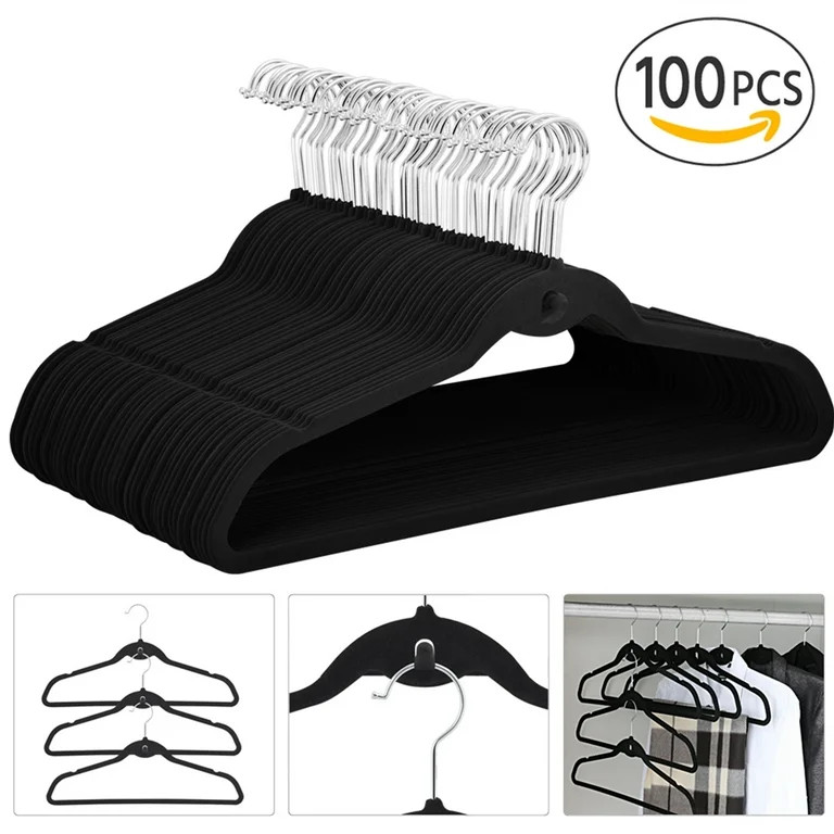 Easyfashion Non Slip Velvet Clothing Hangers, 100 Pack, Black | Walmart (US)