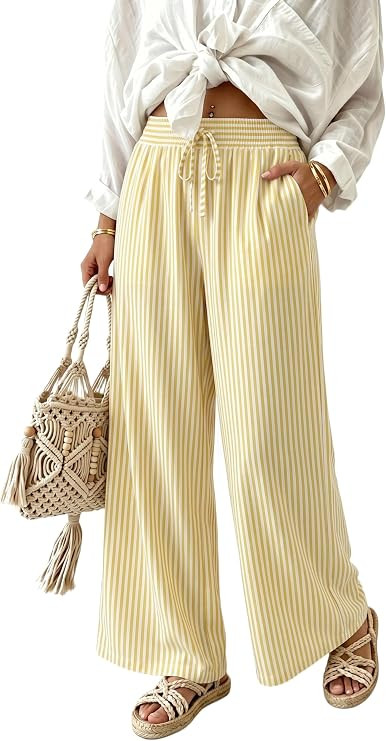 IWOLLEMCE Womens Wide Leg Pants High Waist Palazzo Pant | Boho Loose Flowy Pants Drawstring Pocke... | Amazon (US)
