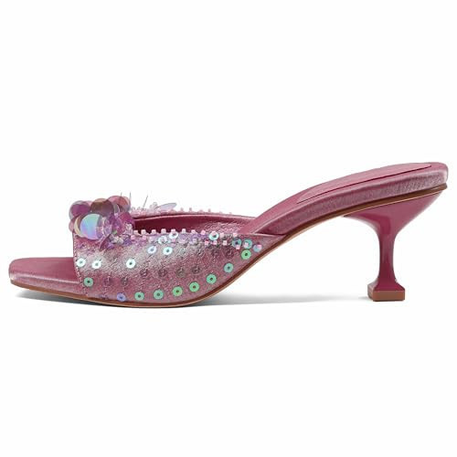 Mattiventon Kitten Heels for Women Comfortable Stiletto Heeled Mule Purple Sequin Open Square Toe Slip On Trendy Sandals Prom Party Wedding and Vacation | Amazon (US)