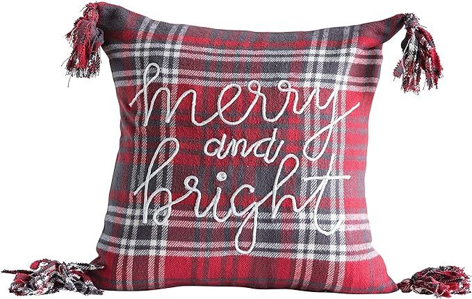 Amazon.com: Creative Co-Op 18" Square Cotton Plaid Embroidered Merry and Bright & Corner Tassels ... | Amazon (US)