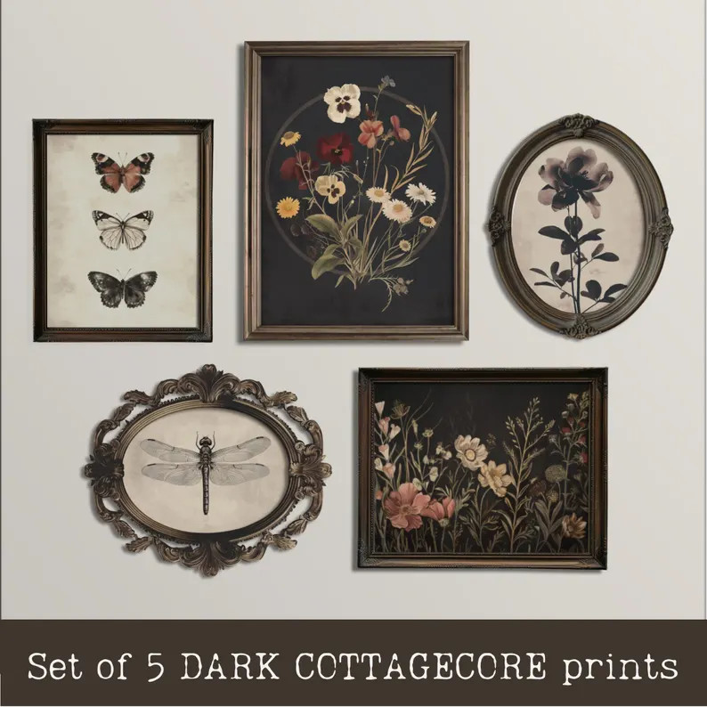 Set of 5 Dark Cottagecore Prints | Victorian Botanical Aesthetic, Moody Goth Gallery Wall Set, Go... | Etsy (US)
