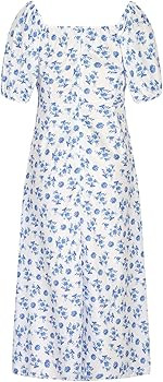 Women Short Puff Sleeve Dress Square Neck Floral Casual Print Midi Dresses Sweetheart Petite Slim... | Amazon (US)