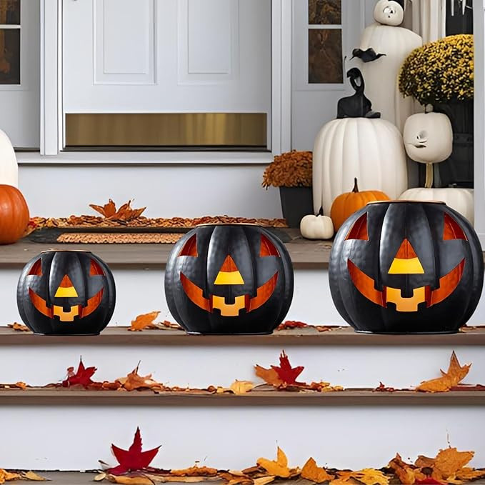 Halloween Metal Jack O Lanterns Pumpkin Set of 3 with LED Candles with Creepy Cloth Decoration Bu... | Amazon (US)