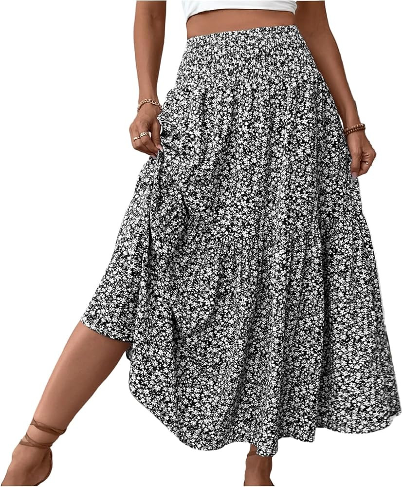 Floral Skirts for Women Summer Flowy Tiered Elastic High Waisted Print Swing Skirt Vacation A-Lin... | Amazon (US)