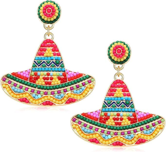 Cinco de Mayo Earrings for Women Beaded Sombrero Chili Pepper Drop Dangle Earrings Mexican Themed... | Amazon (US)