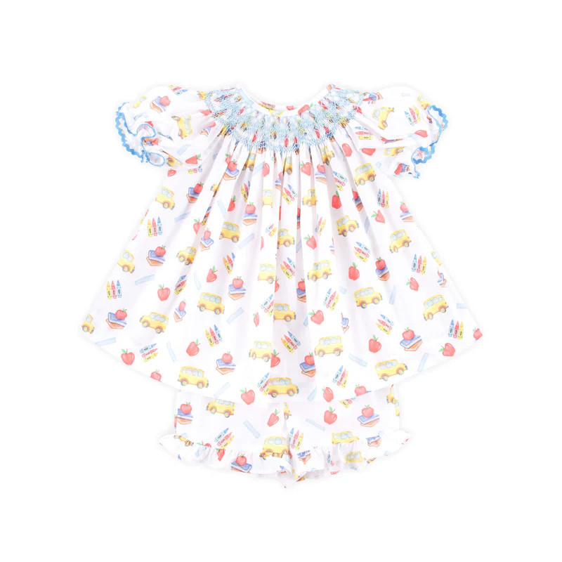 School Bus Print Smocked White Bishop Short Set | Classic Whimsy