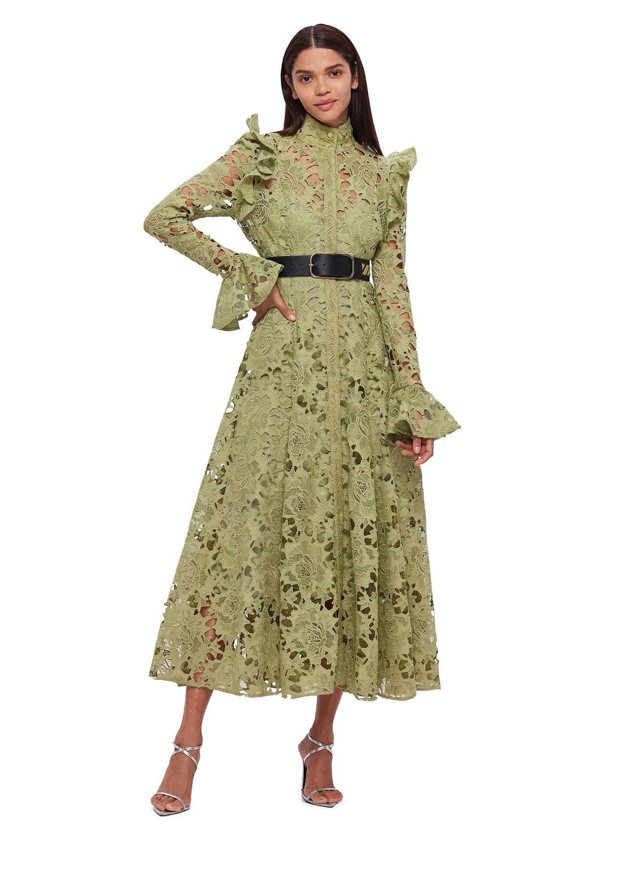Aliyah Lace Butterfly Sleeve Midi Dress - Olive | LEO LIN