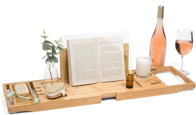 Waterproof Shield Keeps Your Book Open – Extendable Bamboo Bathtub Tray with Wine Glass Holder ... | Amazon (US)