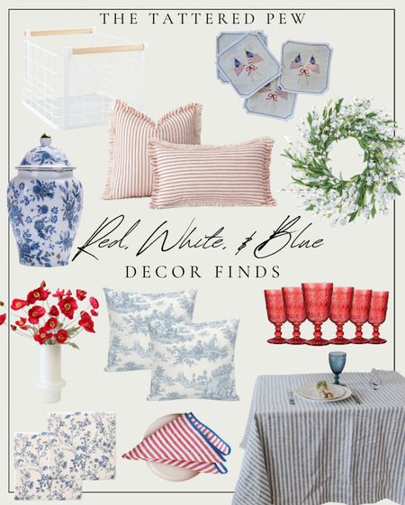 Red, white, and blue home decor finds perfect for the 4th of July! 


Red vintage drinking glasses, blue and white ginger jar, blue and white decor, patriotic decor, blue throw pillows, red striped throw pillows, blue and white striped linen tablecloth, 4th of July decor, blue and white coasters, white wire basket, white flower wreath  

#LTKSeasonal #LTKSummerSales #LTKFindsUnder100