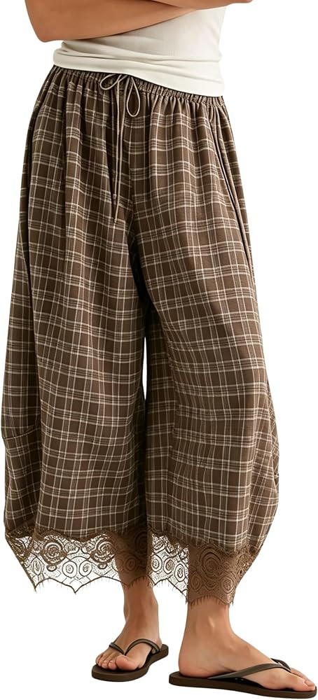 Women Gingham Cropped Lace Hem Pants High Waist Wide Leg Harem Pant | Amazon (US)