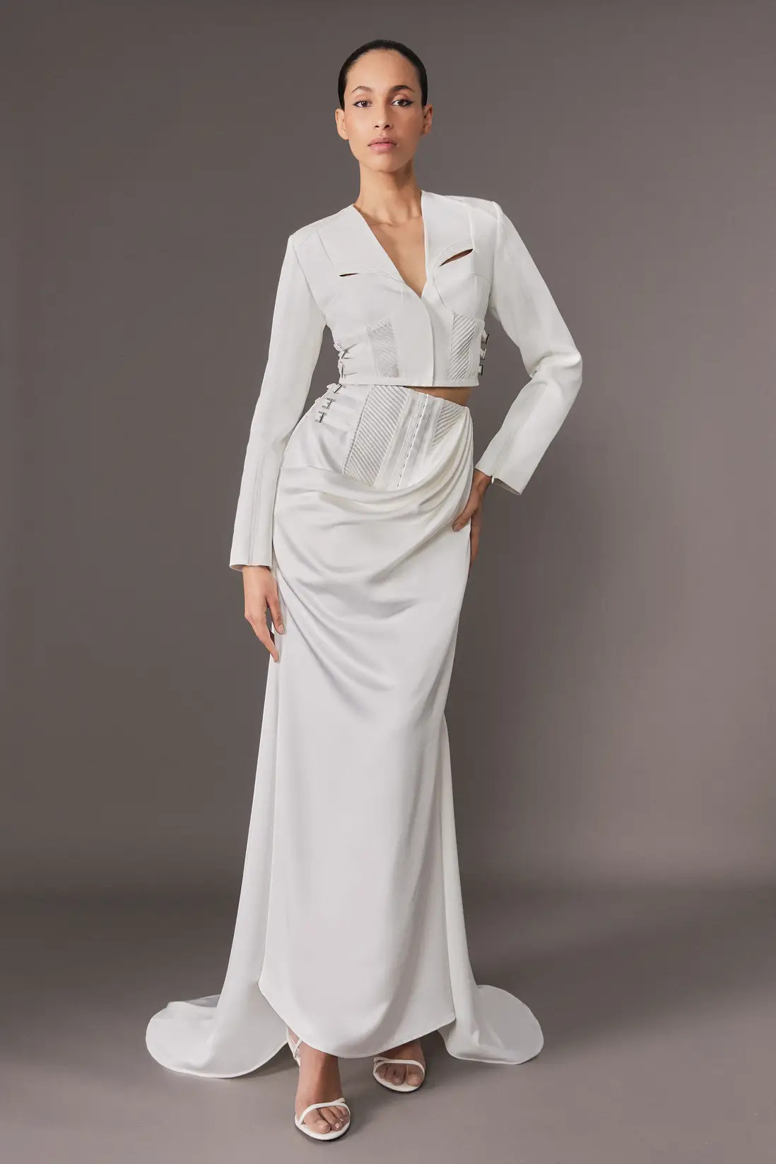 Archive Collection - Tailored Satin Drape Corset Detail Fishtail Maxi Skirt | Karen Millen