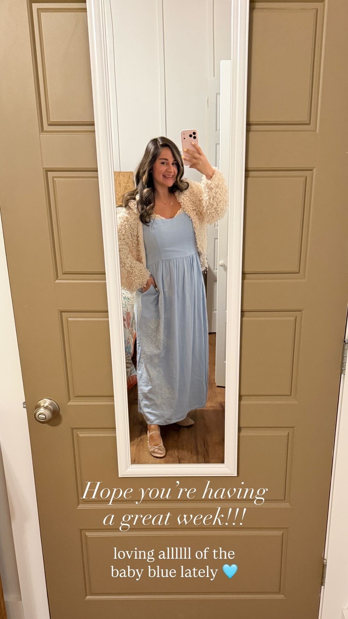 Casual spring outfit to love in this adorable baby blue maxi dress with pockets! True to size, wearing a size large

Paired with my favorite mesh flats and fuzzy cardigan!

Ballet flats, target dress, Amazon ballet flats, midsize outfit, pregnancy outfit, new mom, maternity outfit, spring occasion outfit, Easter dress, vacation dresss

#LTKBump #LTKMidsize #LTKootd