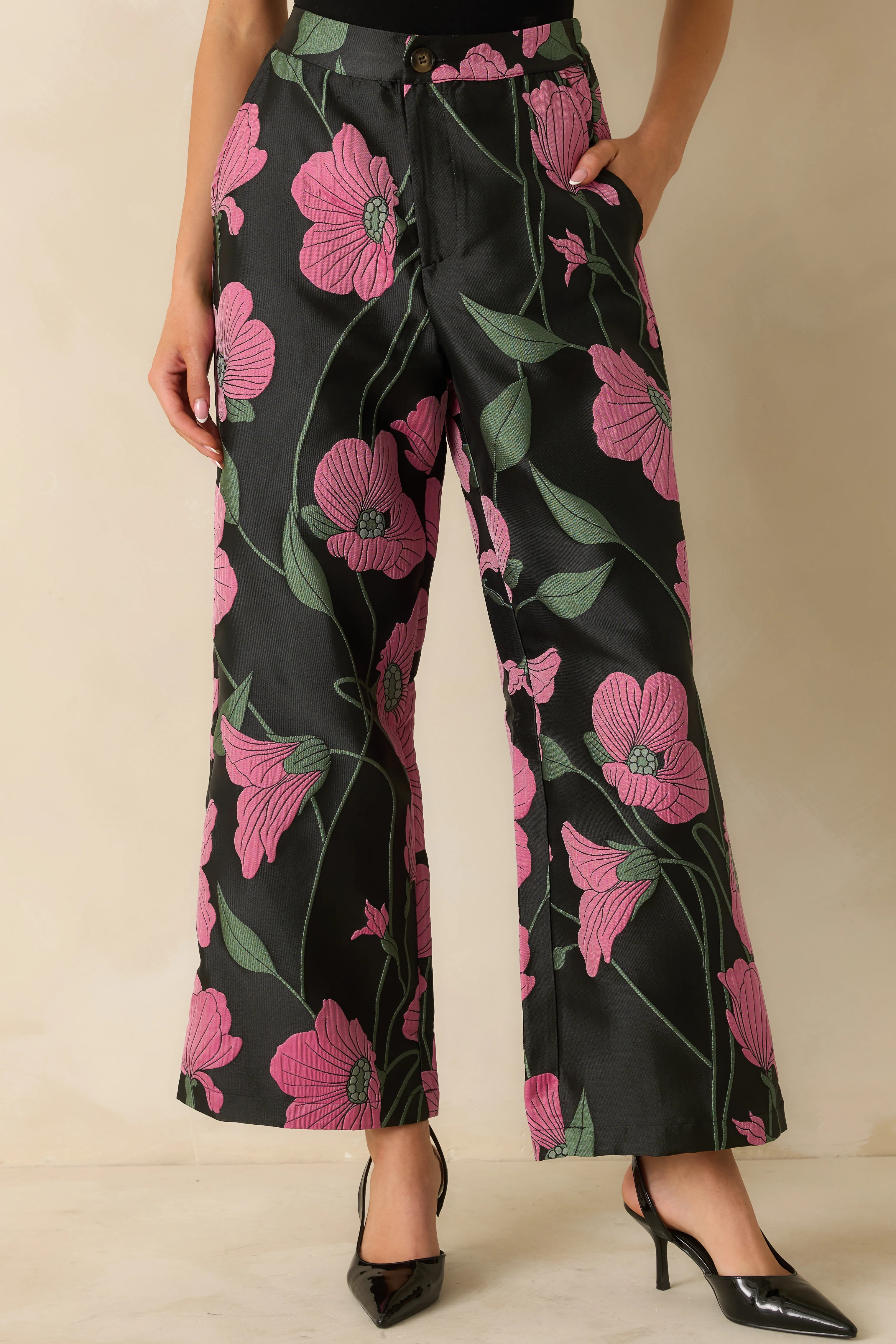 Garden Reverie Black Multi Floral Jacquard Wide Leg Pants | Red Dress