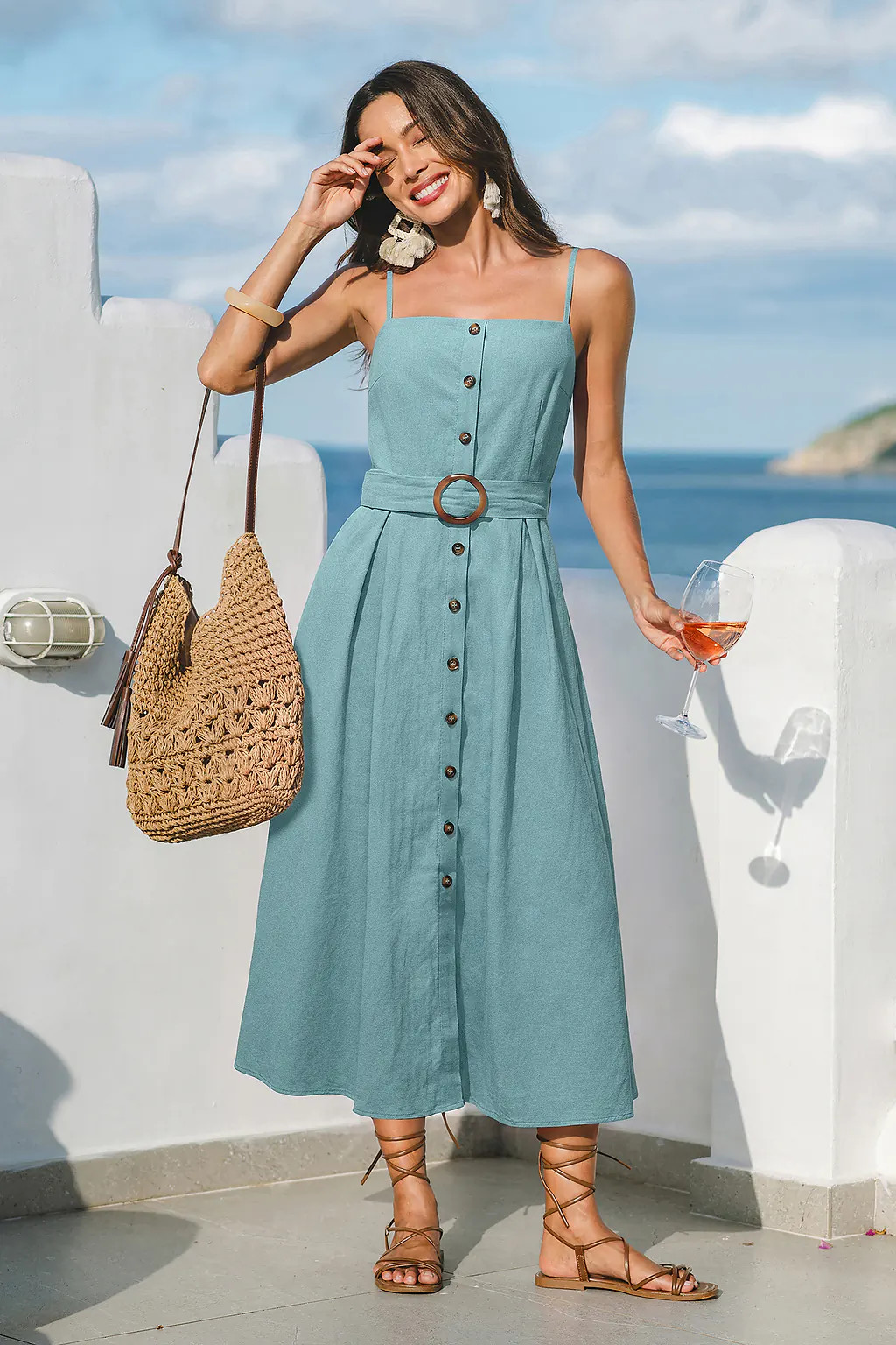 Blue Cotton Belted Midi Dress with Square Neck for Vacation | Cupshe US