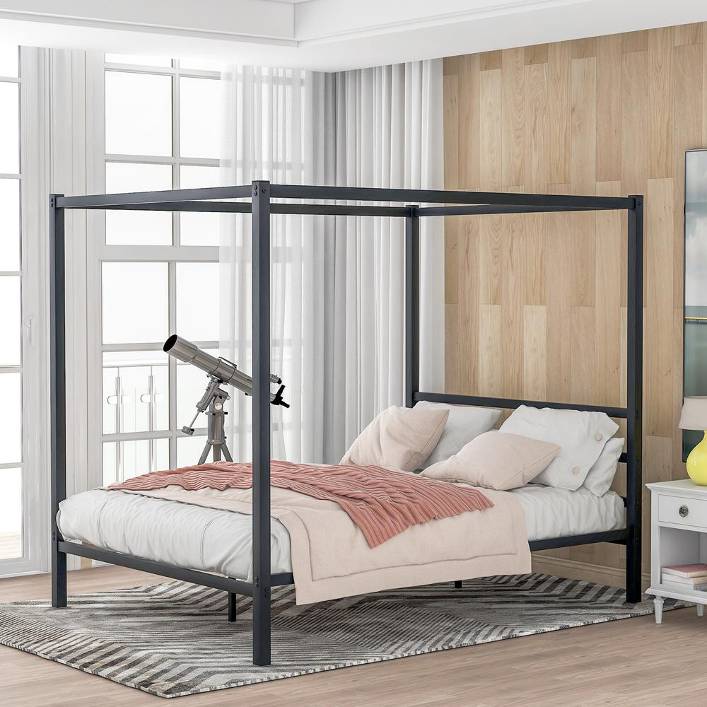 Qualfurn Black Queen Metal Framed Canopy Platform Bed with Built-in Headboard | The Home Depot