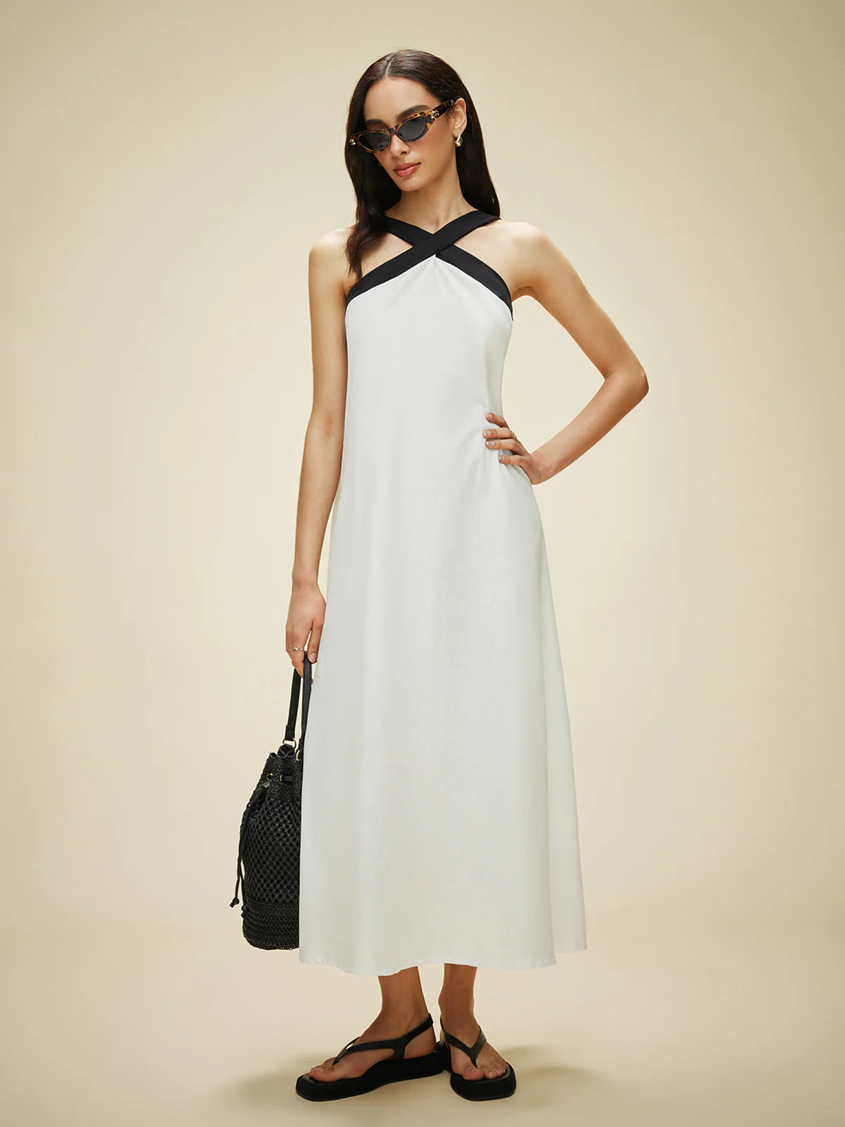 Semi-Sheer Cotton & Linen Backless Halter Dress | Commense