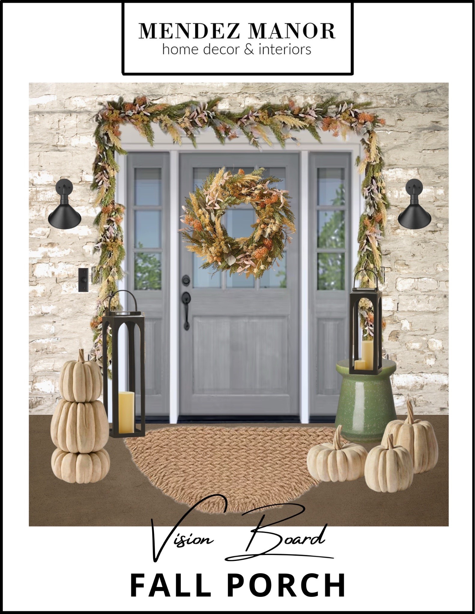 Fall front porch decor featuring stacked pumpkin topiaries, black lanterns, and fall garland. Plus the most beautiful fall wreath ever! Love this neutral fall decor! 

#LTKSeasonal #LTKStyleTip #LTKHome