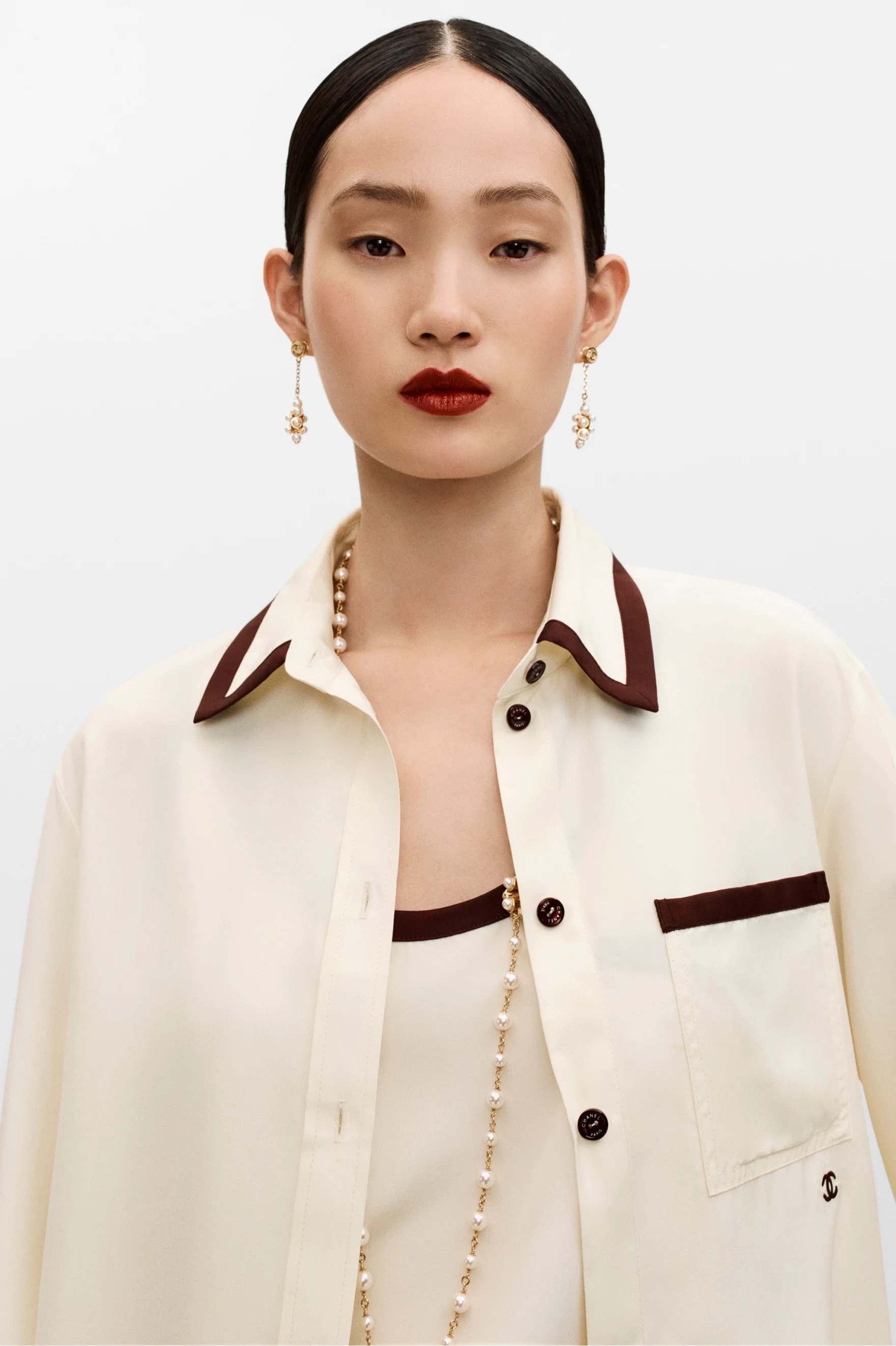 Long-sleeved shirt - Silk canvas, light yellow & burgundy — Fashion | CHANEL | Chanel, Inc. (US)