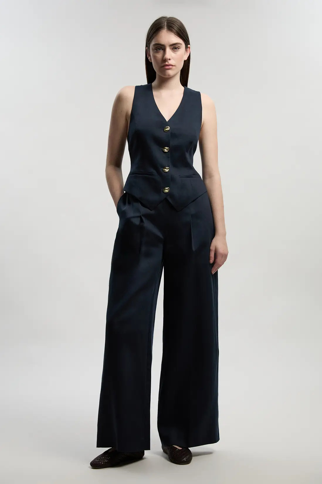 Tailored Linen Corset Back Detail Waistcoat | Karen Millen