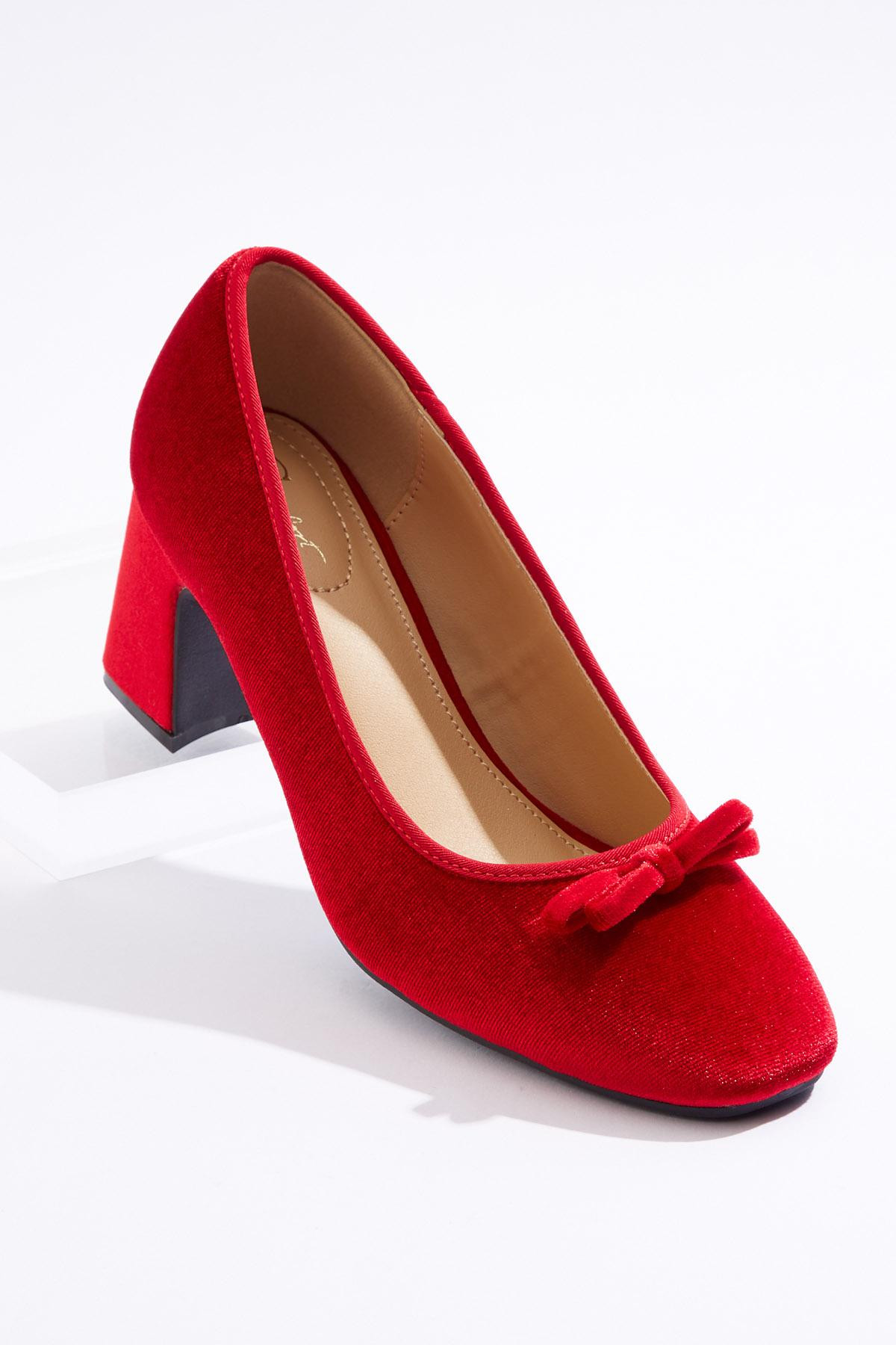 Red Bow Velvet Chunky Pumps | Cato Fashions