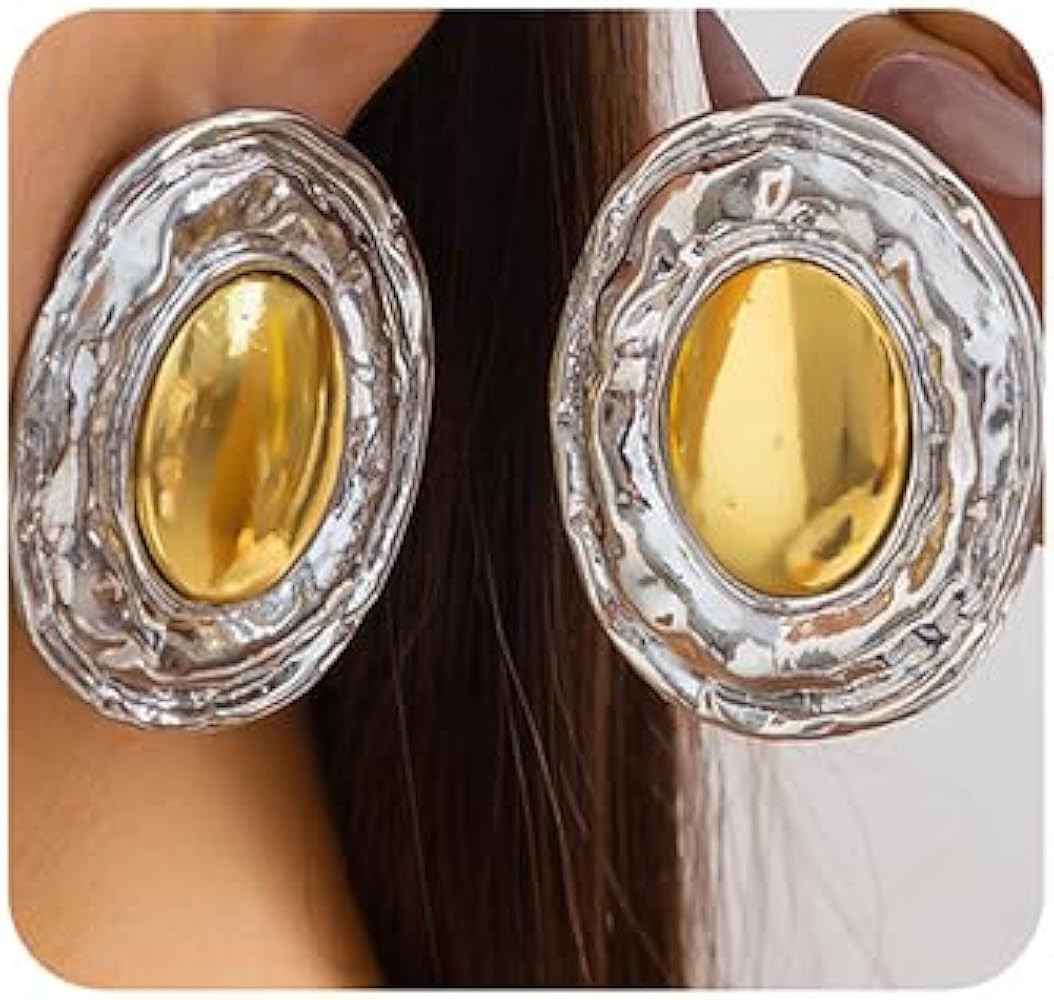 Dainty Chunky Earrings Statement Textured Thick Geometry Round Oval Stud Earrings Fashion Large E... | Amazon (US)