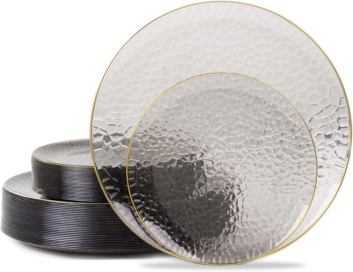 Hioasis 60pcs Black Plastic Plates - Gold Rimmed Disposable, Hammered, Heavy-duty Dinnerware Set ... | Amazon (US)