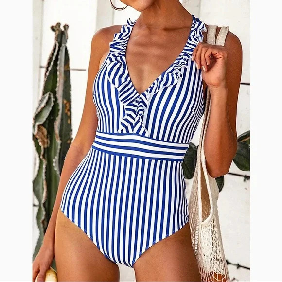 NEW Blue and White Striped Ruffled One Piece Swimsuit Size Medium | Poshmark