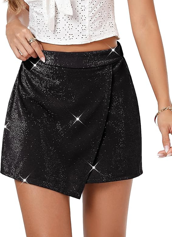 KOJOOIN Women's Sparkly Skirt Shorts High Waist Solid Split Hem Mini Festival Skirt | Amazon (US)