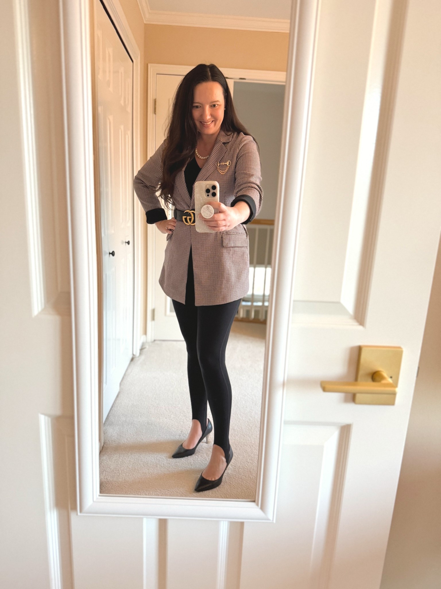 Paired comfy, chic stirrup leggings from Athleta with a long houndstooth blazer, which I belted with a Gucci belt and topped off with a super cool horsebit brooch I found at Walmart, of all places, that has major Gucci vibes! Perfect workwear outfit for a more business casual vibe.  I bought this blazer used, but linked a similar one from
Amazon. 

#LTKWorkwear #LTKStyleTip #LTKMidsize