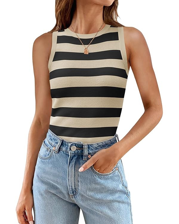 ZESICA Women's Summer Knit Striped Tank Tops 2024 Trendy Crewneck Sleeveless Shirts | Amazon (US)