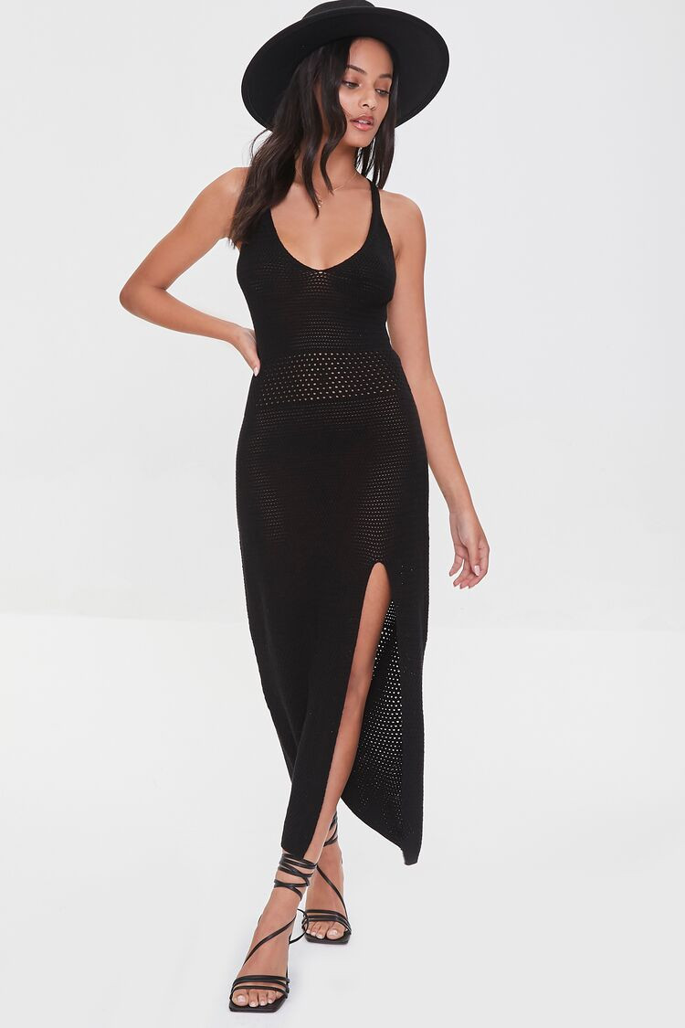 Women Crochet Leg-Slit Dress in Black Large | Forever 21 (US)