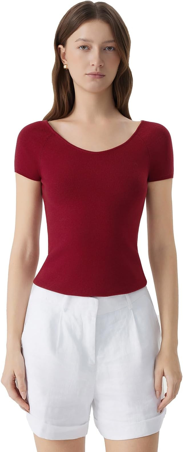 SUUKSESS Women Silk Cashmere Blend Wide V Neck Short Sleeve Sweater Casual Essential Top Shirts | Amazon (US)