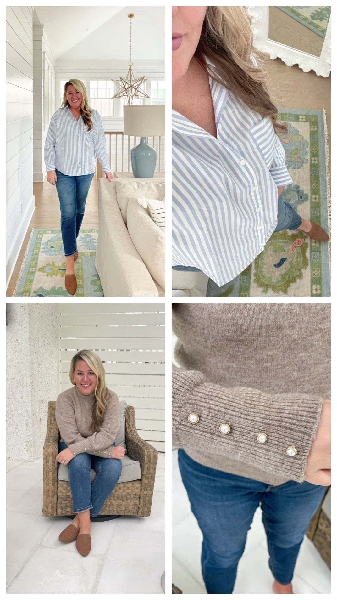 I’m loving my two latest fall fashion finds I found on @walmart! #walmartpartner 🍂 The first find is this chic, crisp striped button-up that comes in a handful of colors. I love the longer length and there hidden clear snap that’s the perfect solution to the awkward height of those other two buttons (we all know the ones)! Next is this cozy soft mock neck sweater. The pearl cuffs are the cutest addition. I’m wearing my favorite under $18 jeans and the cutest woven slides (I sized up in these based upon reviews - everything else fits true to size). The cutest additions to your fall wardrobe!

#walmartfashion #liketkit @walmartfashion fall outfit ideas, work outfit ideas, #ltkover40 #ltkmidsize #ltkfindsunder50 #ltkfindsunder100 #ltkstyletip #ltksalealert #ltkseasonal #ltkshoecrush #ltkworkeear

#LTKfindsunder50 #LTKSeasonal #LTKover40