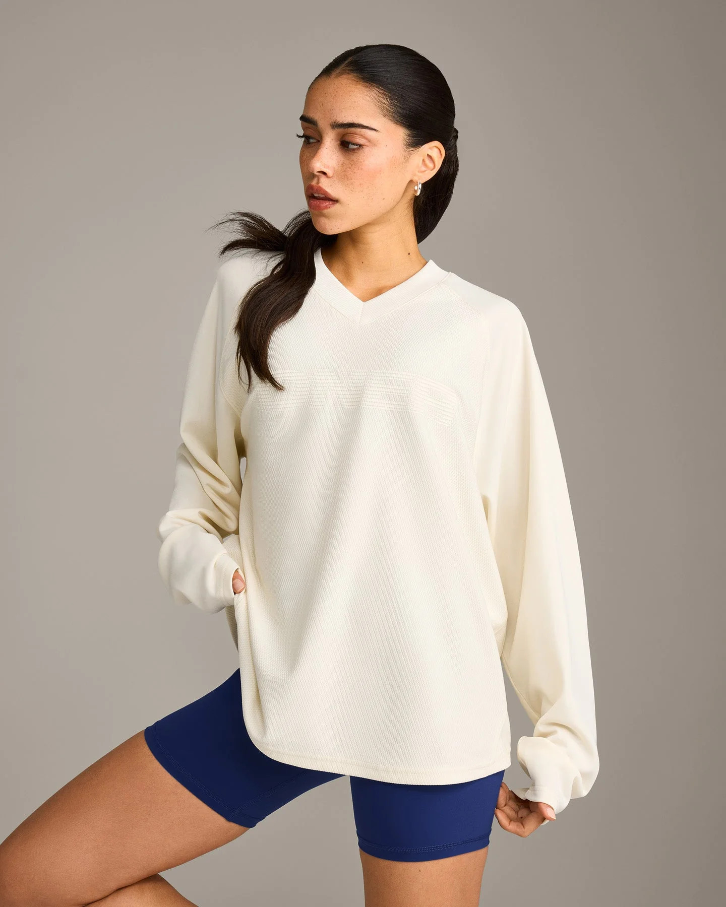 Oversized V Neck Long Sleeve T-Shirt with Oner Graphic 
 Off White | Oner Active (UK / US)