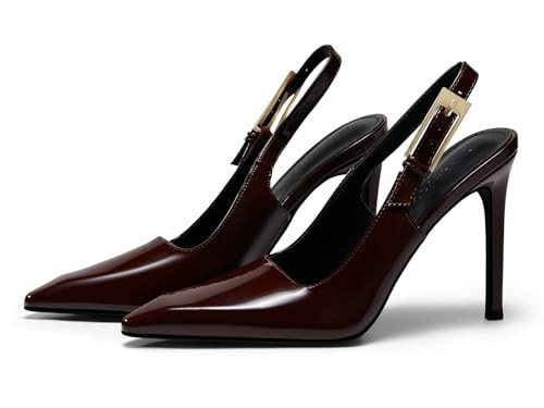 Coutgo Women's Slingback High Heels Pointed Toe Stilettos Metal Buckle Square Toe Dress Party Pump Shoes, Red Brown, Size 9 | Amazon (US)