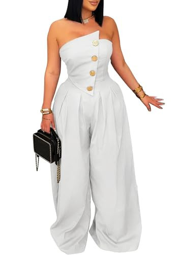 DINGANG Elegant Strapless Jumpsuit for Womens Dressy Off Shoulder Tube Top Button Wide Leg Romper | Amazon (US)