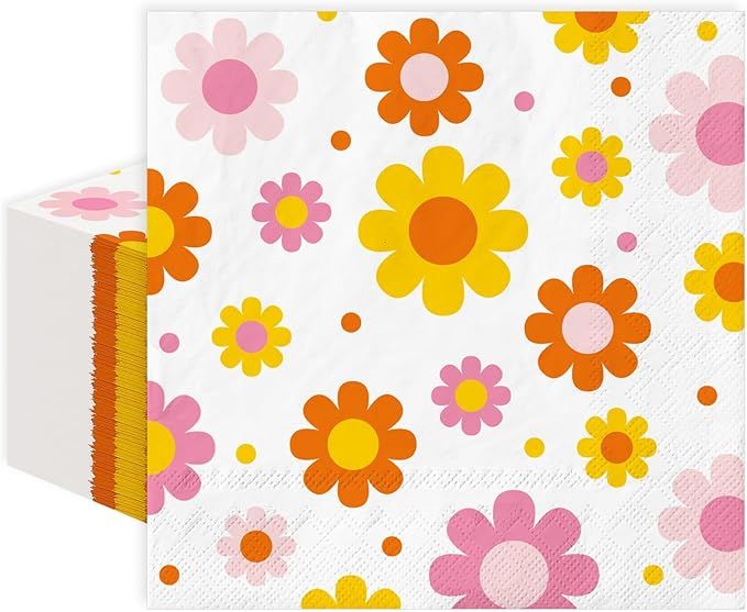 80Pcs Boho Daisy Paper Napkin 6.5 x 6.5 Inch Groovy Hippie Flower Disposable Luncheon Napkins Flo... | Amazon (US)