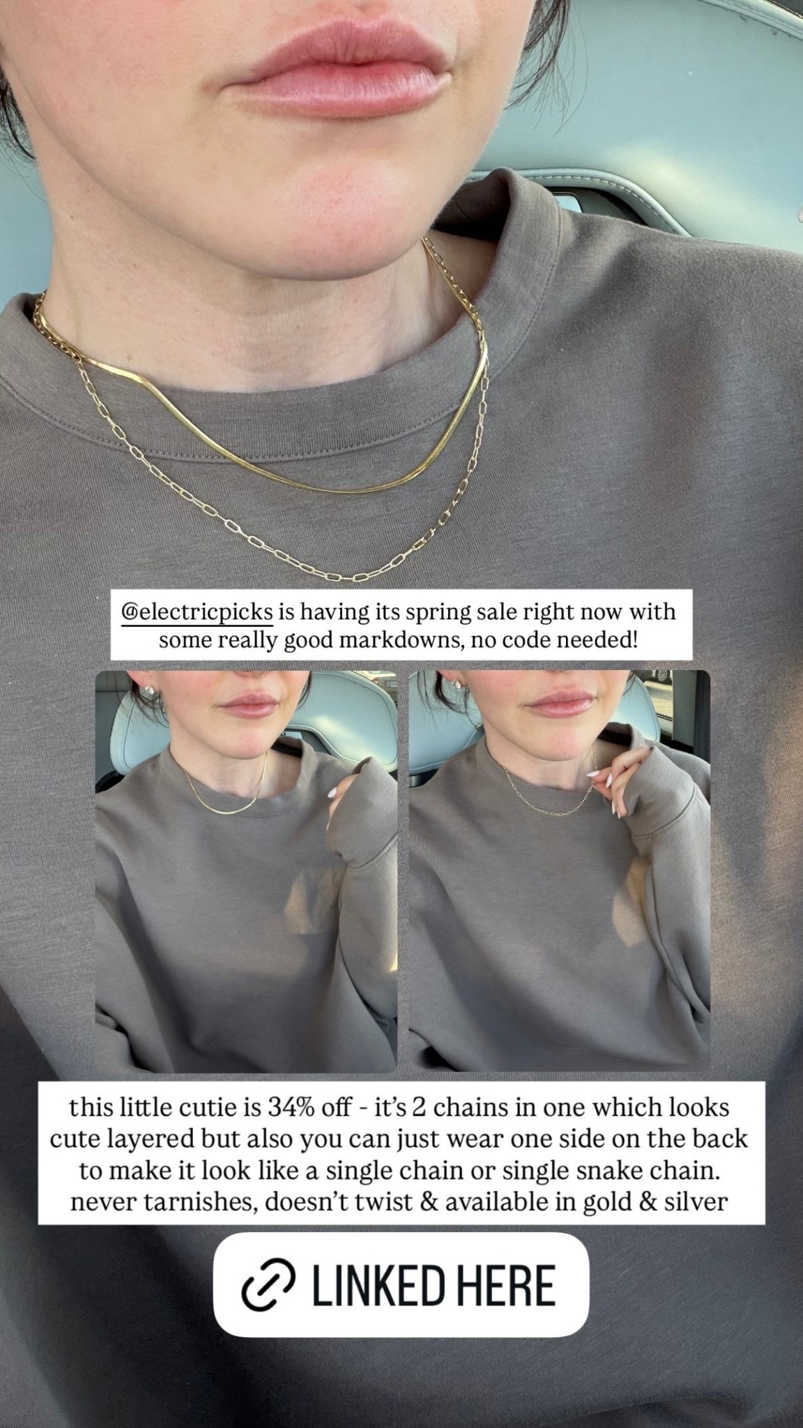 @electricpicks is having its spring sale right now with some really good markdowns, no code needed!  this little cutie is 34% off - it’s 2 chains in one which looks cute layered but also you can just wear one side on the back to make it look like a single chain or single snake chain. never tarnishes, doesn’t twist & available in gold & silver

#LTKootd #LTKSaleAlert